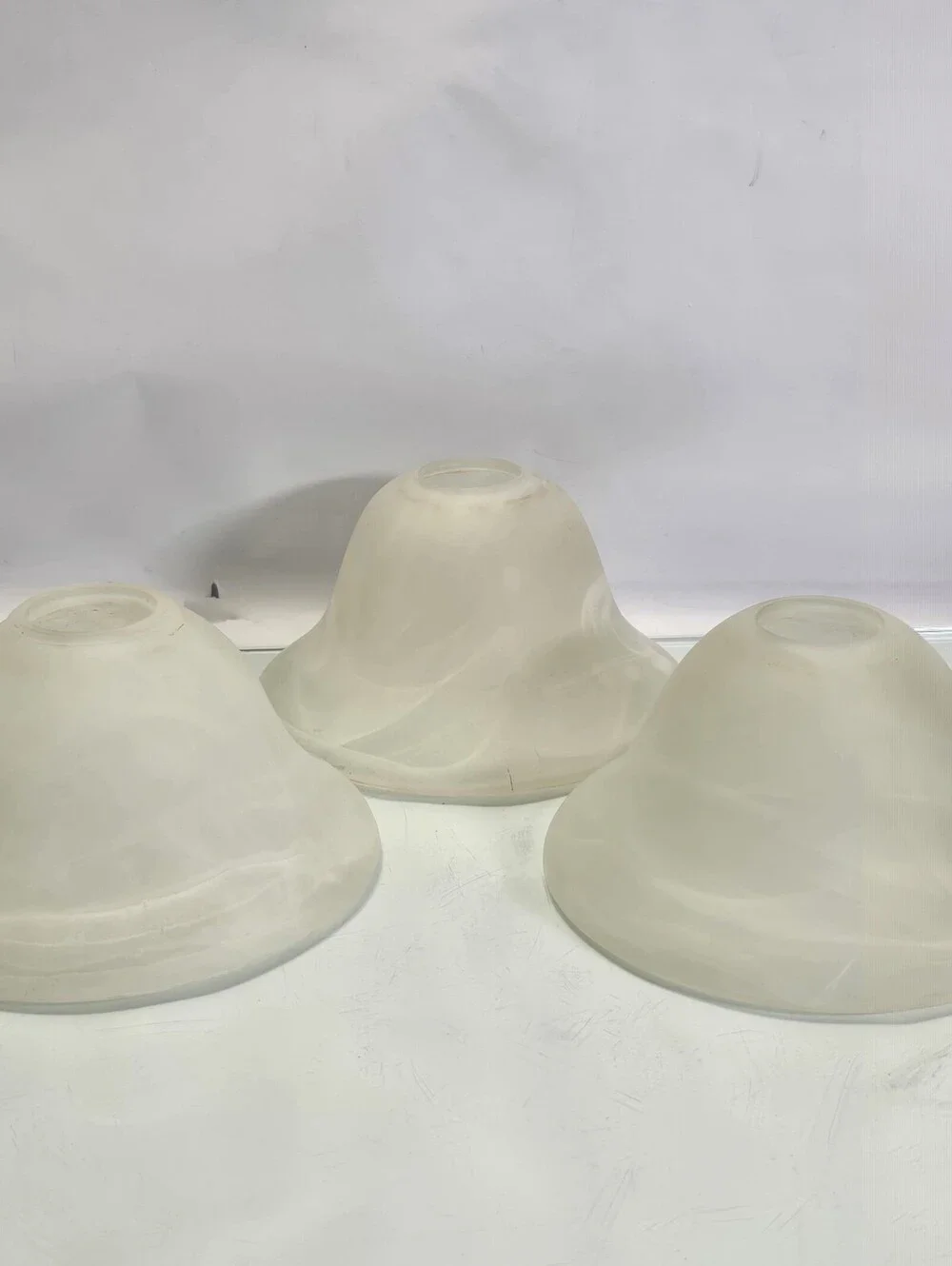 Vintage Set of 3 Frosted Glass Lamp Shades Hobnail Ribbed Bell Scalloped